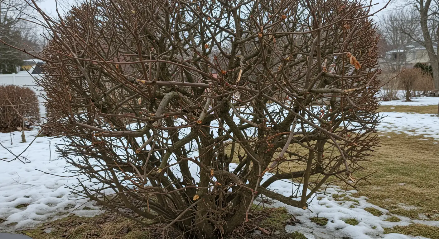 A close-up photograph capturing a dormant deciduous shrub in early spring, visibly showing the effects of a harsh winter. Several smaller branches are broken or cracked, and the overall structure looks tangled and unkempt, perhaps leaning slightly from snow load. Small patches of melting snow might be visible on the mulched ground beneath it, setting the scene for necessary spring cleanup and pruning. The background shows a soft-focus typical Canadian suburban garden waking up from winter.