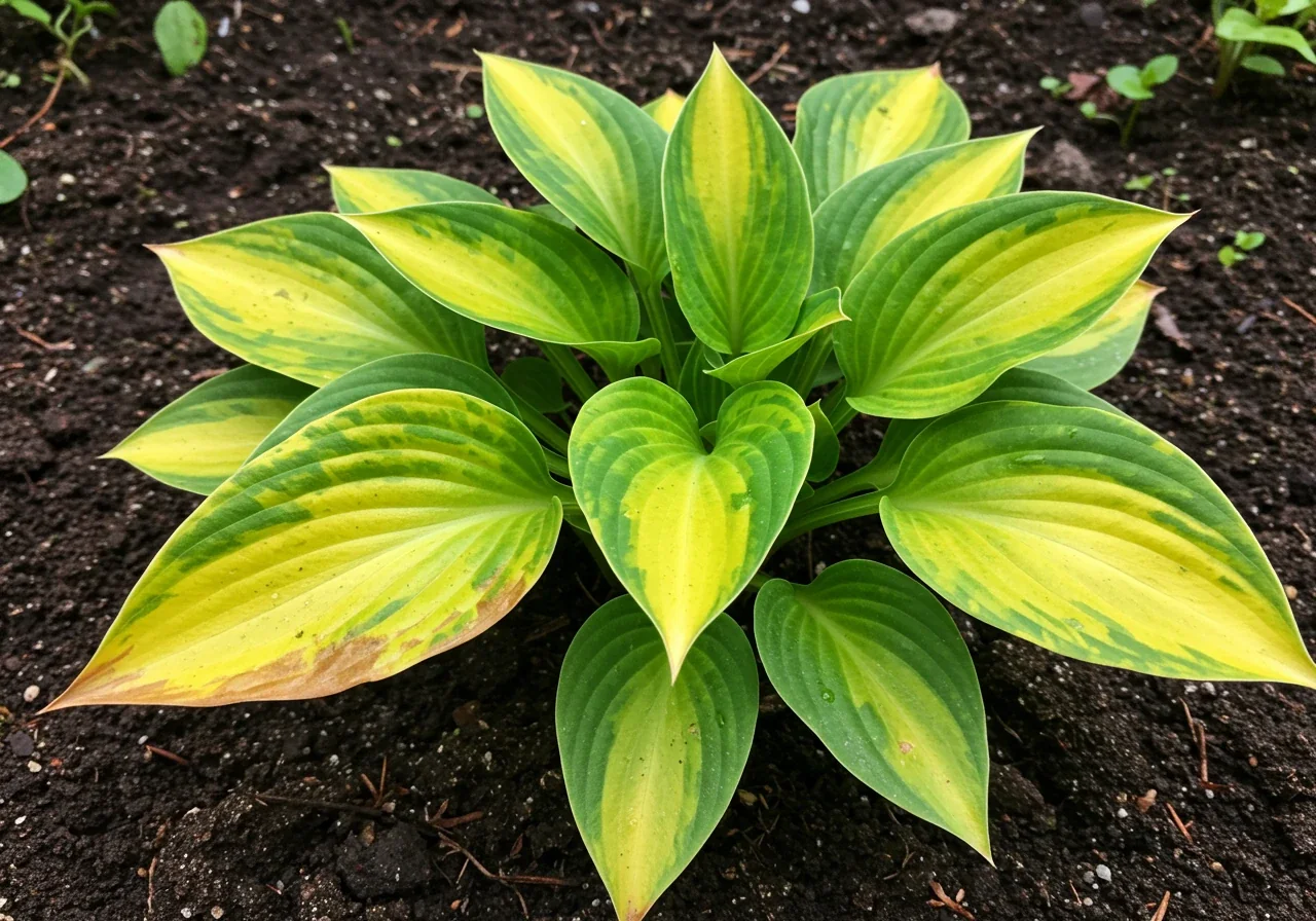 A clear, close-up photograph of a common garden perennial (like a hosta or coneflower) exhibiting distinct signs of distress due to root issues in clay. Focus on leaves that are visibly yellowing between the veins (interveinal chlorosis) or appear generally wilted and drooping, despite the surrounding soil potentially looking damp or dense.