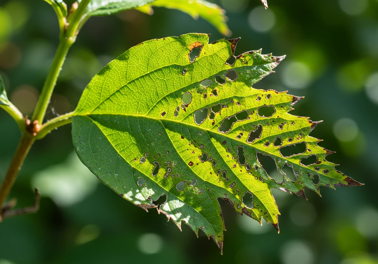 A close-up photograph focusing on a viburnum leaf heavily damaged by VLB larvae. The leaf tissue between the veins is eaten away, creating a distinct, lace-like, skeletonized appearance. Some green veins remain, contrasting with the damaged, see-through sections. The lighting highlights the texture of the damage.