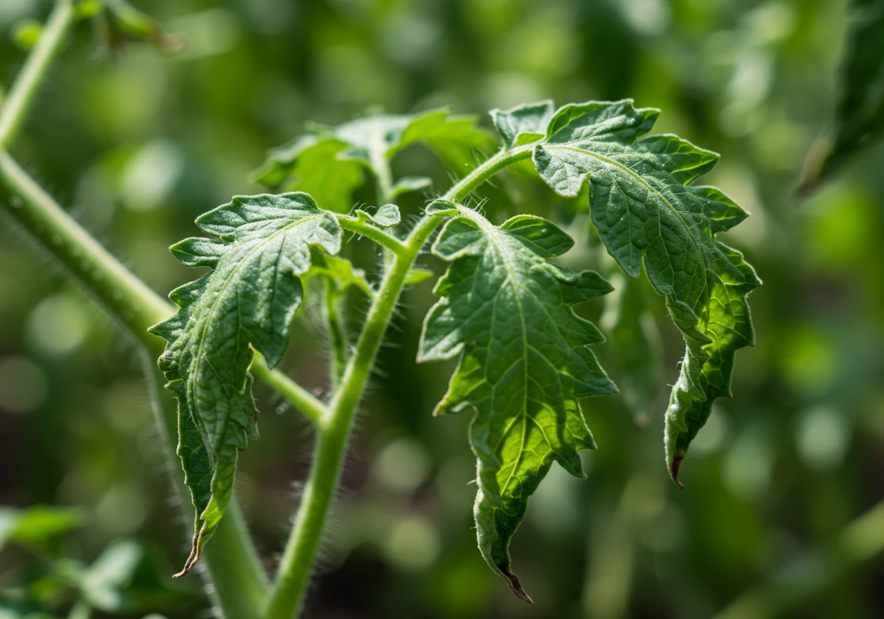 A clear, close-up image focusing on a single, popular garden plant (like a tomato plant or a hydrangea) showing significant wilting. The leaves and stems should be visibly limp and drooping, contrasting sharply with how the plant would normally appear upright and turgid. The focus should be on the physical posture of the plant indicating distress, set against a slightly blurred garden background.