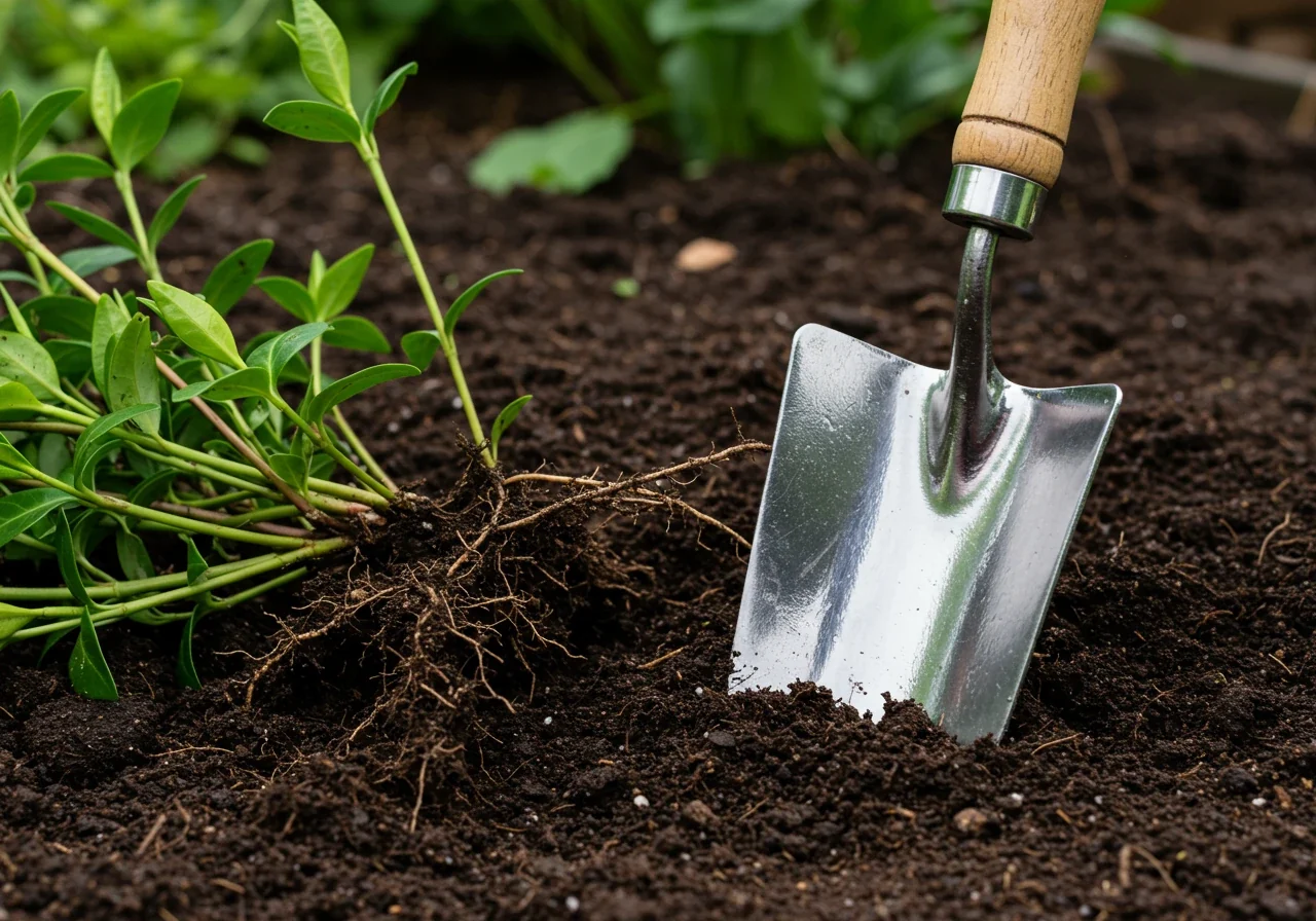 A close-up image focusing on the process of manual removal, without showing hands. A garden trowel is stuck upright in dark, moist soil next to a clump of invasive groundcover (like Periwinkle or Creeping Bellflower) that has been partially loosened, revealing its tenacious, trailing root system emerging from the earth. Focus on the tool, soil texture, and root structure.