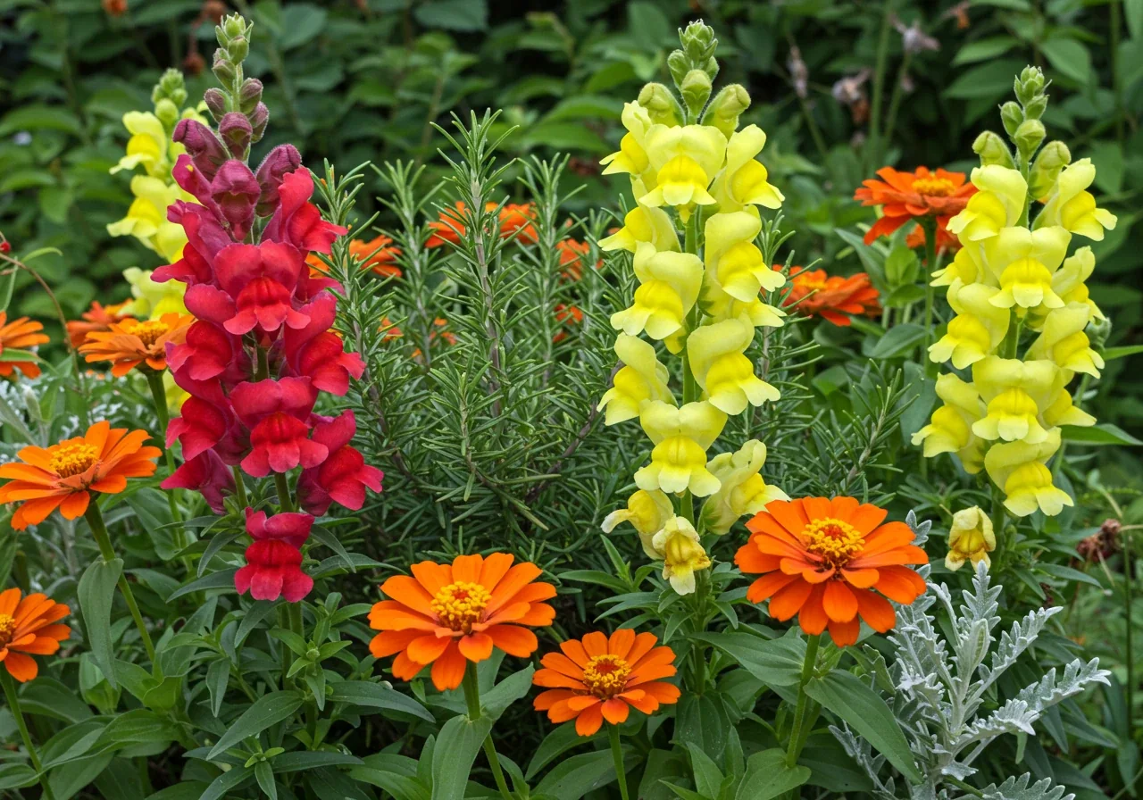 A visually appealing close-up of a thriving collection of pet-safe flowers mentioned in the article, such as colourful Snapdragons and Zinnias, maybe interplanted with pet-safe herbs like Rosemary. The image should look vibrant, healthy, and inviting, showcasing beautiful *and* safe options.