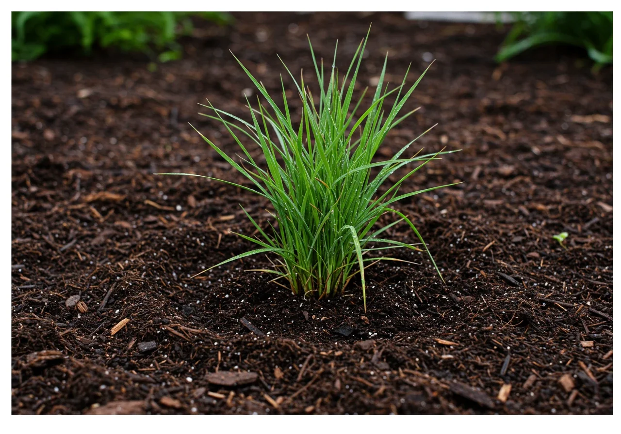 An image depicting a newly planted ornamental grass division settled into prepared garden soil. The division should look like a healthy, smaller clump. Focus on the base of the plant showing correct planting depth (crown at soil level) and a fresh layer of dark wood chip mulch applied around it, perhaps with visible moisture from recent watering.
