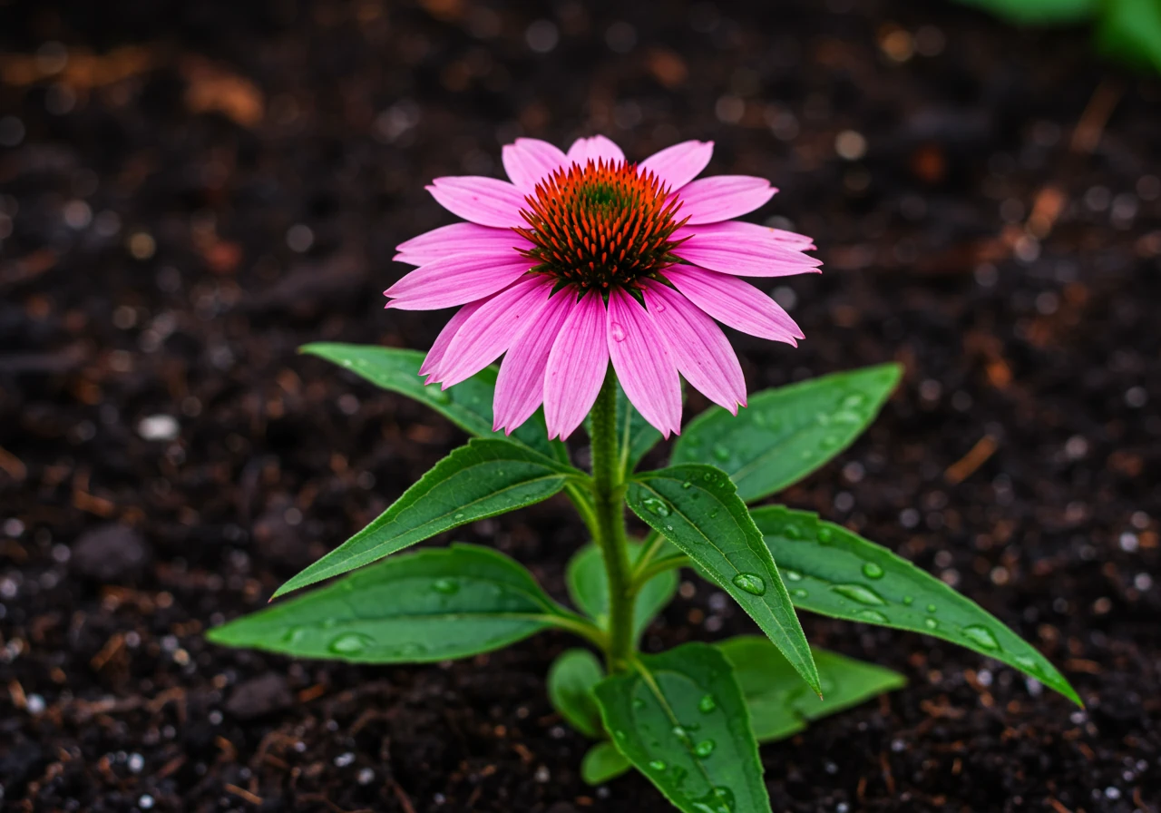 A close-up photograph focusing on a single, exceptionally healthy and vibrant perennial plant (like a coneflower or hosta mentioned in the article) thriving in garden soil. The plant should look robust and resilient, perhaps with dew drops on its leaves, subtly suggesting the enhanced water uptake benefit.