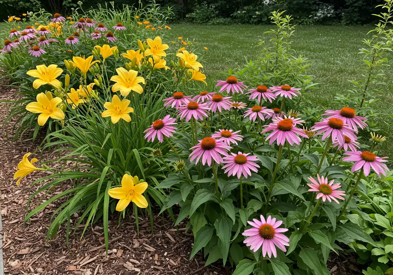 A vibrant, sunlit garden bed showcasing a mix of recommended low-maintenance perennials mentioned in the article, such as purple Coneflowers (Echinacea) and yellow Daylilies (Hemerocallis), thriving together. The image should emphasize healthy plants, good spacing, and a neat appearance with mulch visible, illustrating the 'hardy beauties' concept.