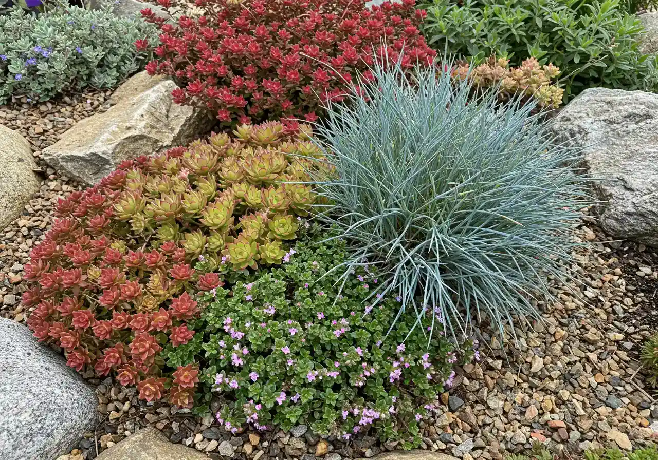 A vibrant close-up shot within an established rock garden showcasing a variety of recommended hardy plants thriving together. Feature Sedum ('Angelina' or similar), Sempervivum (Hens-and-Chicks) rosettes, Creeping Thyme spilling over a rock, and perhaps the fine texture of Blue Fescue grass. Focus on the different textures, colors, and forms of the plants nestled amongst the rocks and gravel mulch.