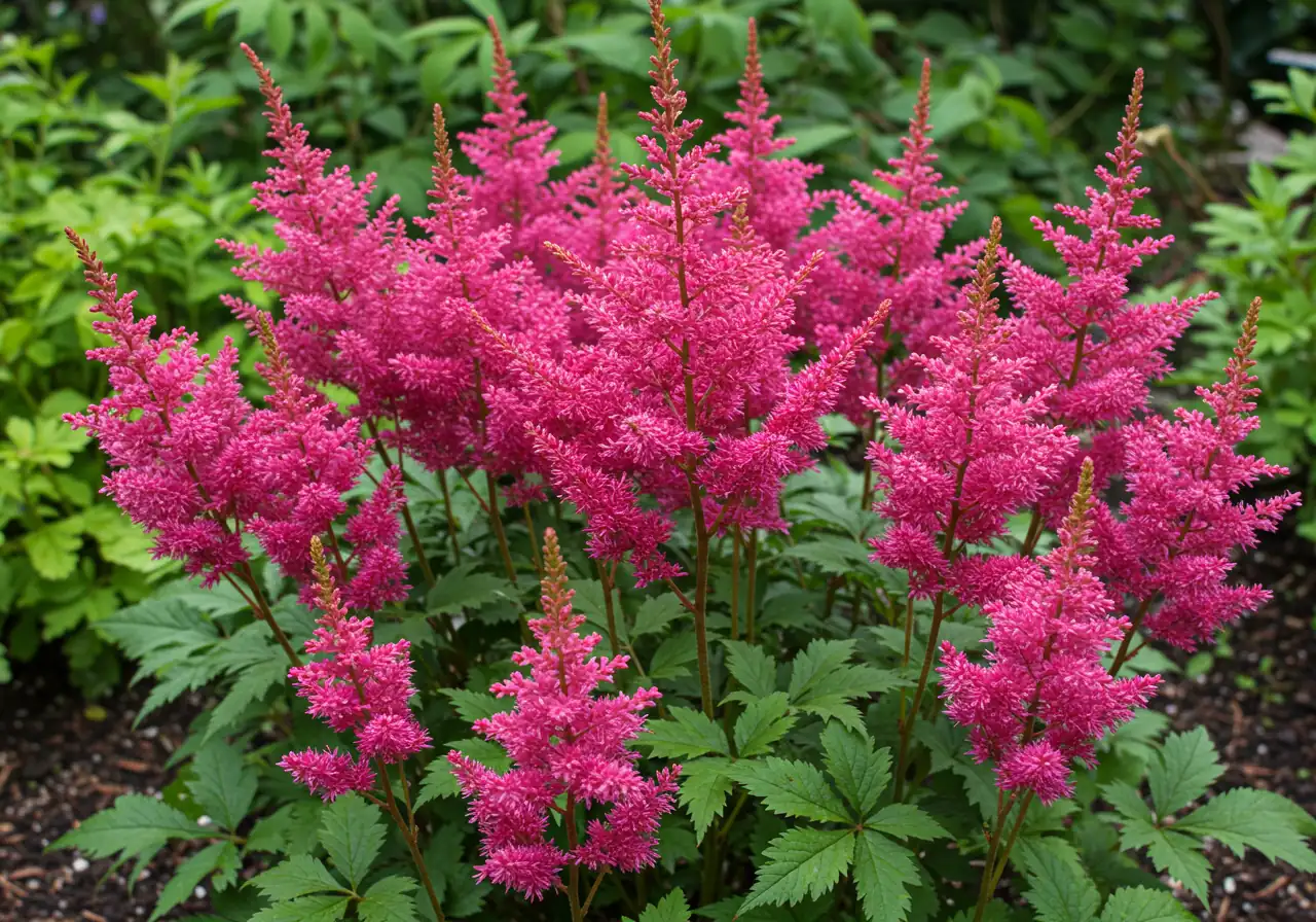Close-up of a healthy, thriving water-tolerant perennial suitable for clay soil, such as Astilbe or Siberian Iris, in bloom. The plant should look lush and vibrant in a garden setting, hinting at moist soil conditions without appearing waterlogged.