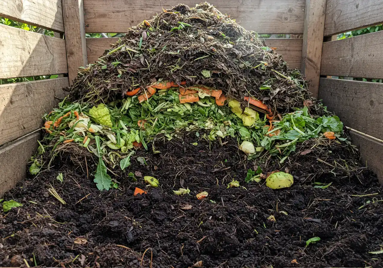 An appealing close-up shot of a well-maintained compost pile or bin, showing visible layers of 'green' (vegetable scraps) and 'brown' (leaves, twigs) materials breaking down into dark, usable compost at the bottom.