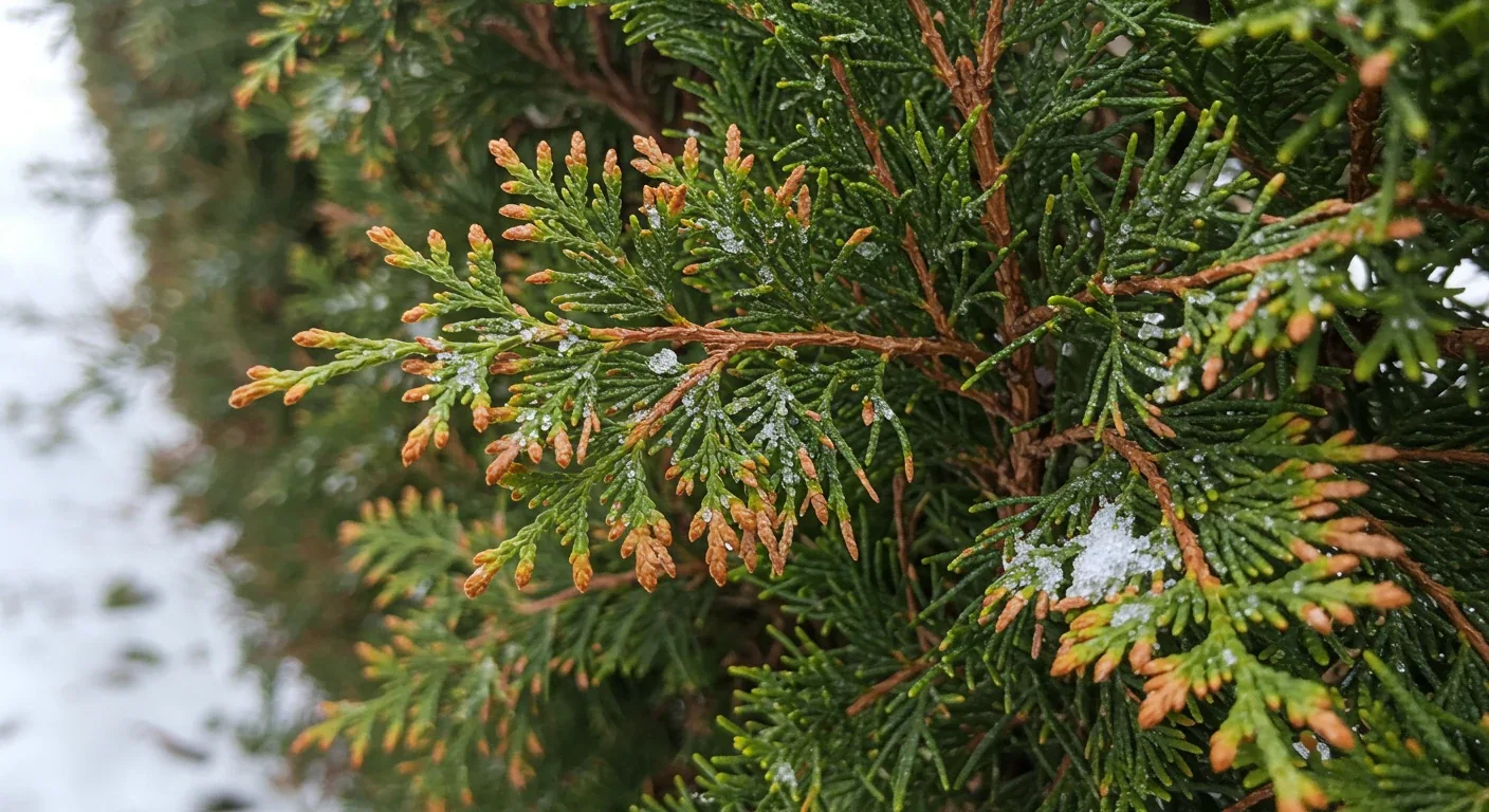 A visually contrasting image showing the specific problem of salt damage on cedars mentioned in the introduction. It should depict the browning tips of cedar branches, clearly distinct from healthy green parts, perhaps with melting snow patches nearby to emphasize the spring transition context.