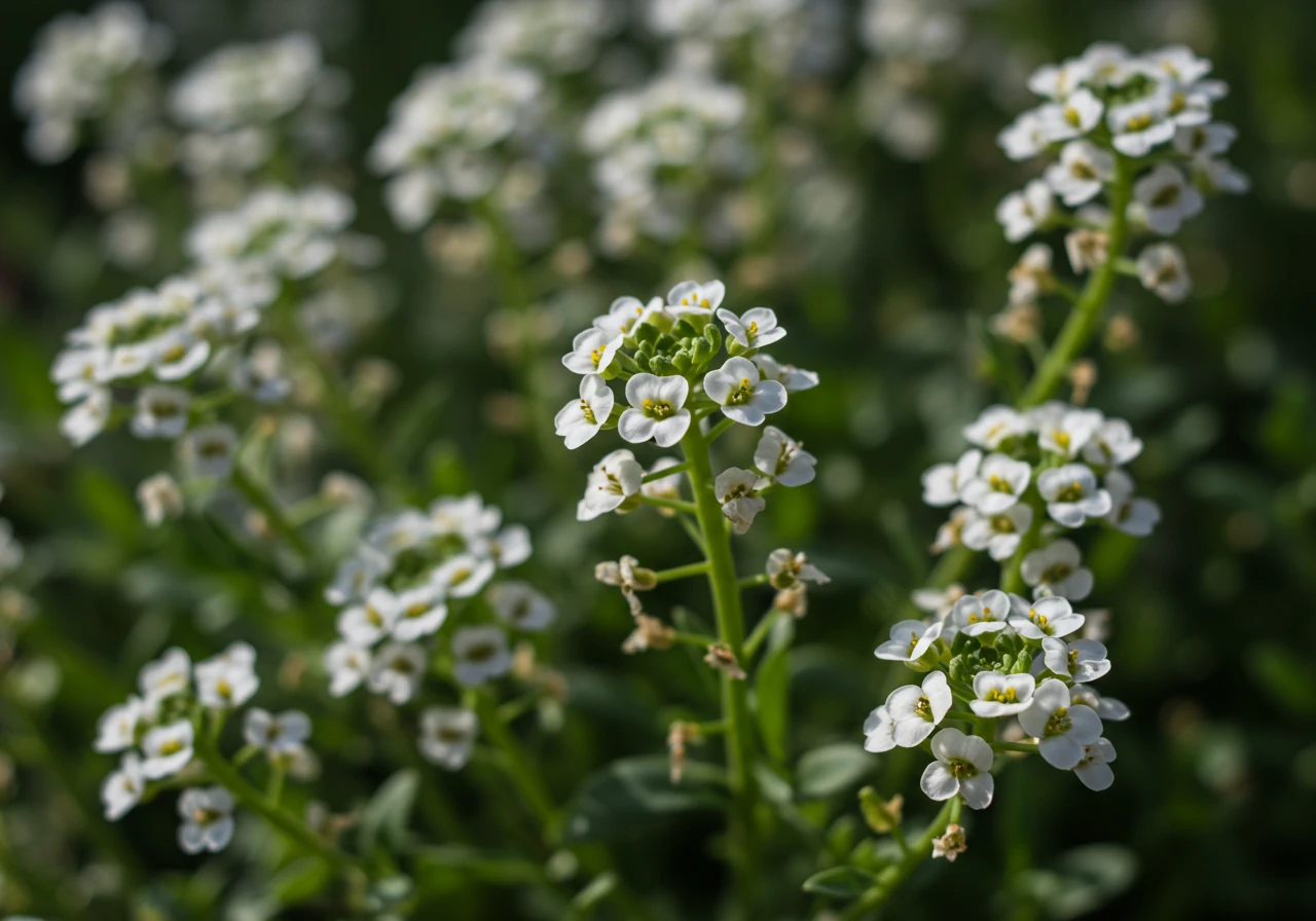 A bright, inviting image focusing on a cluster of small, nectar-rich flowers known to attract parasitic wasps, such as flowering dill, cilantro, sweet alyssum, or yarrow. This illustrates the type of habitat gardeners should create.
