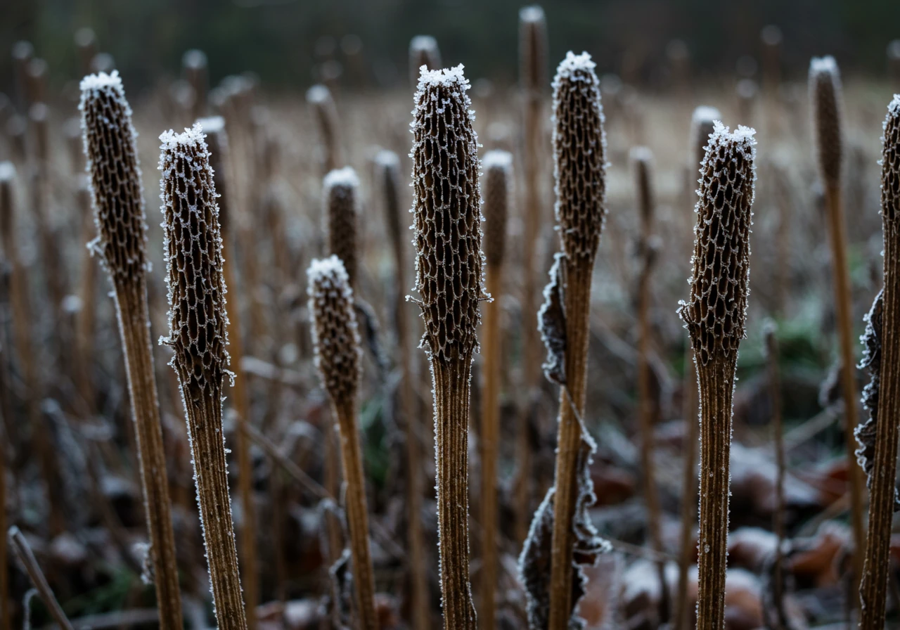 An image depicting overwintering habitat, showing dried, hollow plant stems left standing in a garden during late fall or early winter, perhaps with a touch of frost, illustrating the 'Leave the Stems' tip.