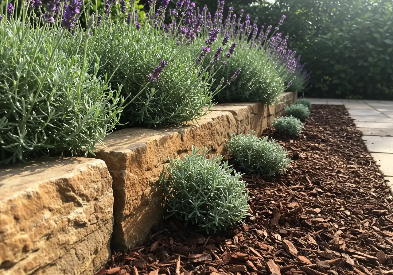 A close-up example of using thermal mass to create warmth. Show the base of a south-facing stone wall or dark-coloured raised bed, with heat-loving plants (like lavender or succulents) planted nearby. The stones should look sun-warmed, perhaps with dark mulch visible around the plants to emphasize heat absorption.