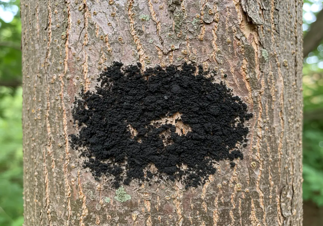 An illustrative image showing distinct bark discoloration. This could focus on a patch of harmless pale green lichen clinging to darker bark OR a concerning patch of black sooty mold coating a section of the trunk/branch, highlighting the contrast.