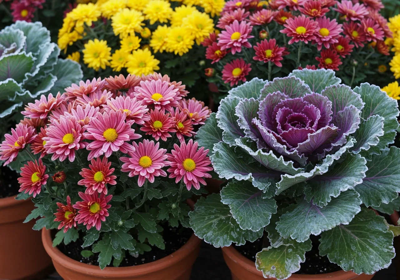 A vibrant display of hardy fall plants thriving in cool weather. Focus on Chrysanthemums (Mums) and/or Ornamental Kale showcasing their rich colours. A very light, glistening touch of frost might be visible on the edges of some petals or leaves, emphasizing their resilience. Set in a container or garden bed.
