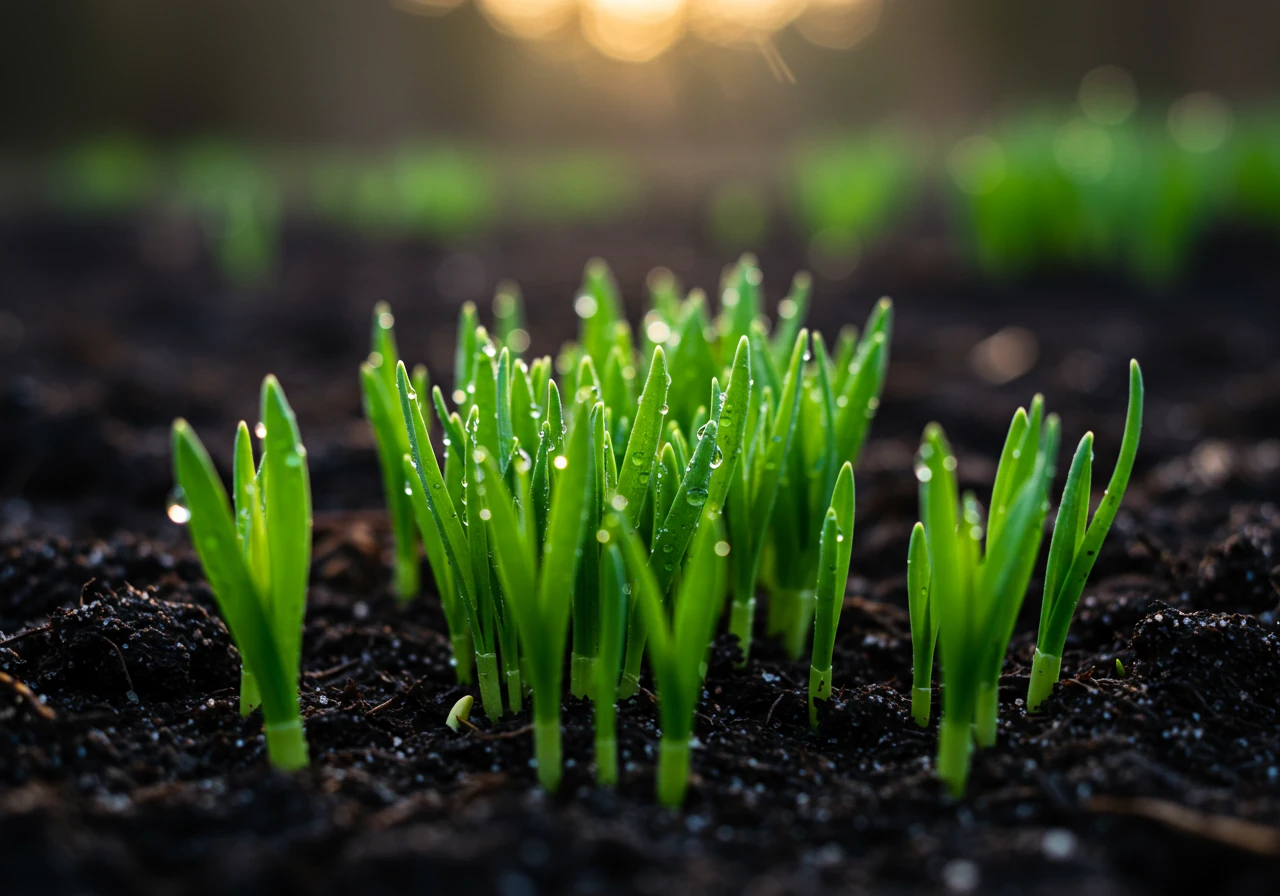 An image capturing the essence of early spring emergence: delicate, vibrant green shoots or buds just breaking through dark, moist soil, possibly with remnants of melting snow or glistening morning dew drops. Soft, hopeful morning light. This represents the 'Early Spring' tasks.