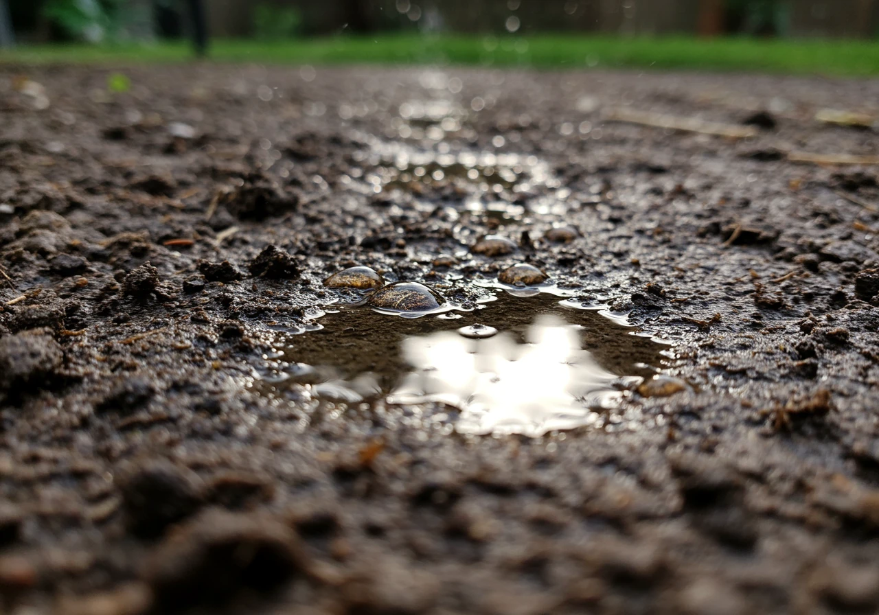 A clear photograph showing water puddling on the surface of dense, compacted garden soil after a recent watering or rain. The water is visibly unable to soak in, highlighting poor drainage and compaction.