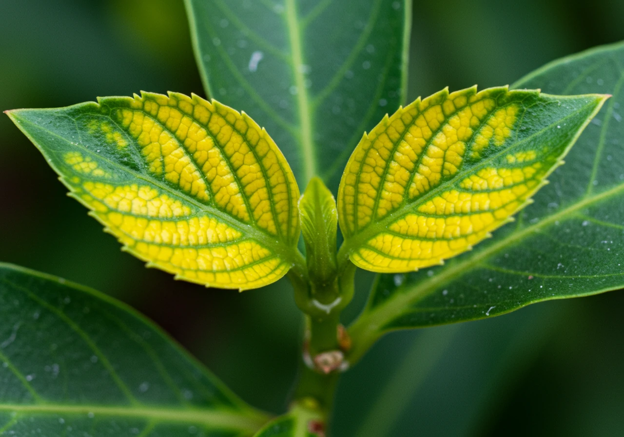 A clear photograph illustrating a common nutrient deficiency symptom, such as interveinal chlorosis. The image should show a plant leaf where the veins remain dark green while the tissue between the veins has turned yellow. Focus specifically on the newest or oldest leaves, depending on the deficiency being illustrated (e.g., newest leaves for iron deficiency).