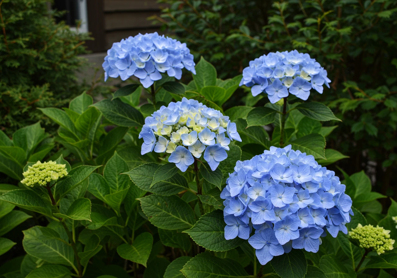 An example of successful zone-pushing or planting for a specific microclimate. Feature a healthy, vibrant plant that might be considered borderline hardy for the Ottawa area (like a specific variety of Japanese Maple or Bigleaf Hydrangea) thriving in a visibly sheltered and favourable spot, perhaps a corner protected by walls or dense evergreen shrubs.