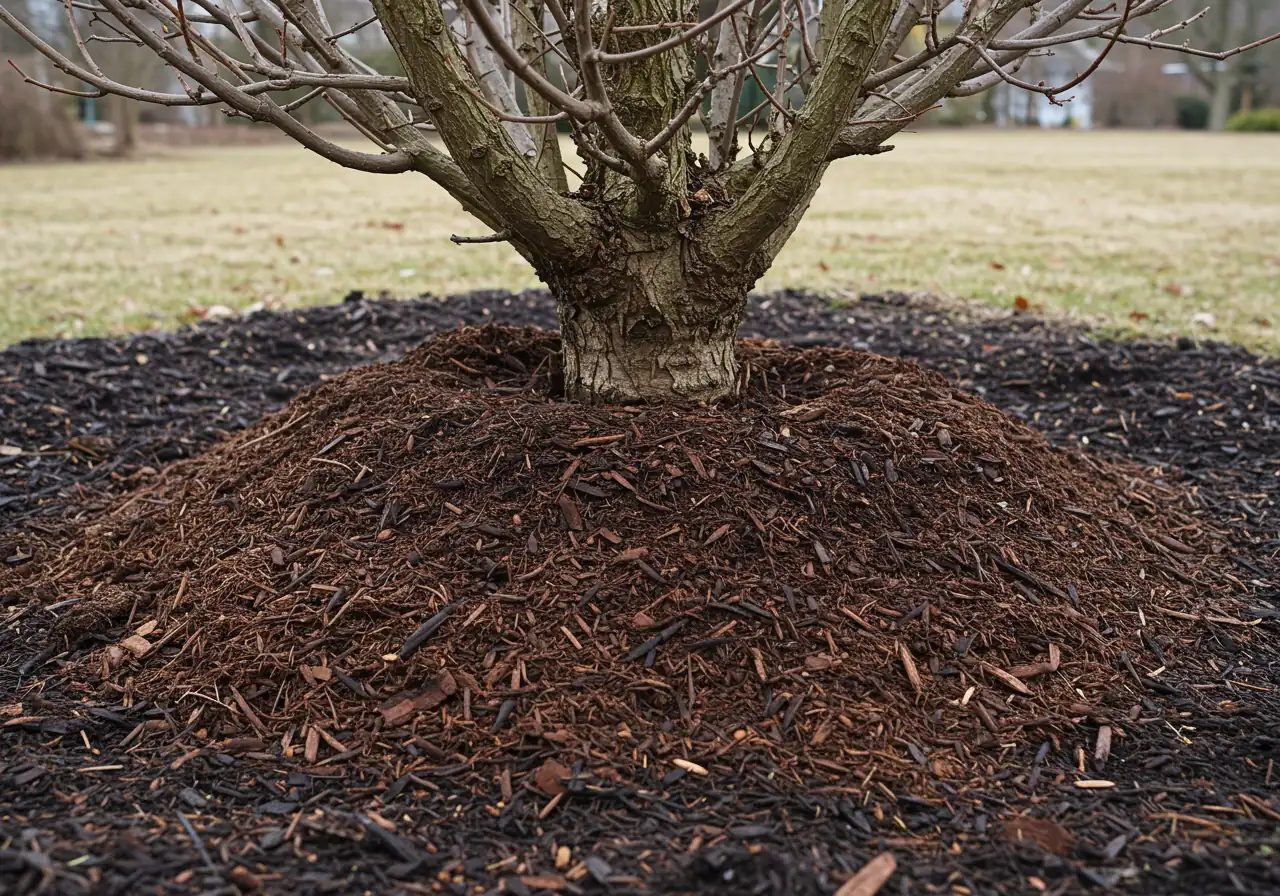 A close-up photograph illustrating the common mistake of 'volcano mulching'. Dark wood mulch is incorrectly piled high in a cone shape directly against the base trunk of a dormant shrub, creating a clear visual of the improper technique to avoid.