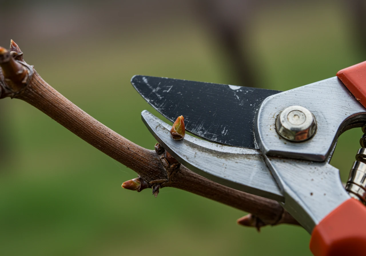 A close-up, clear photograph demonstrating the correct pruning technique. It should show clean bypass pruners making a precise, slightly angled cut about 1/4 inch above a dormant, healthy-looking bud on a woody vine stem (like a grape or clematis).