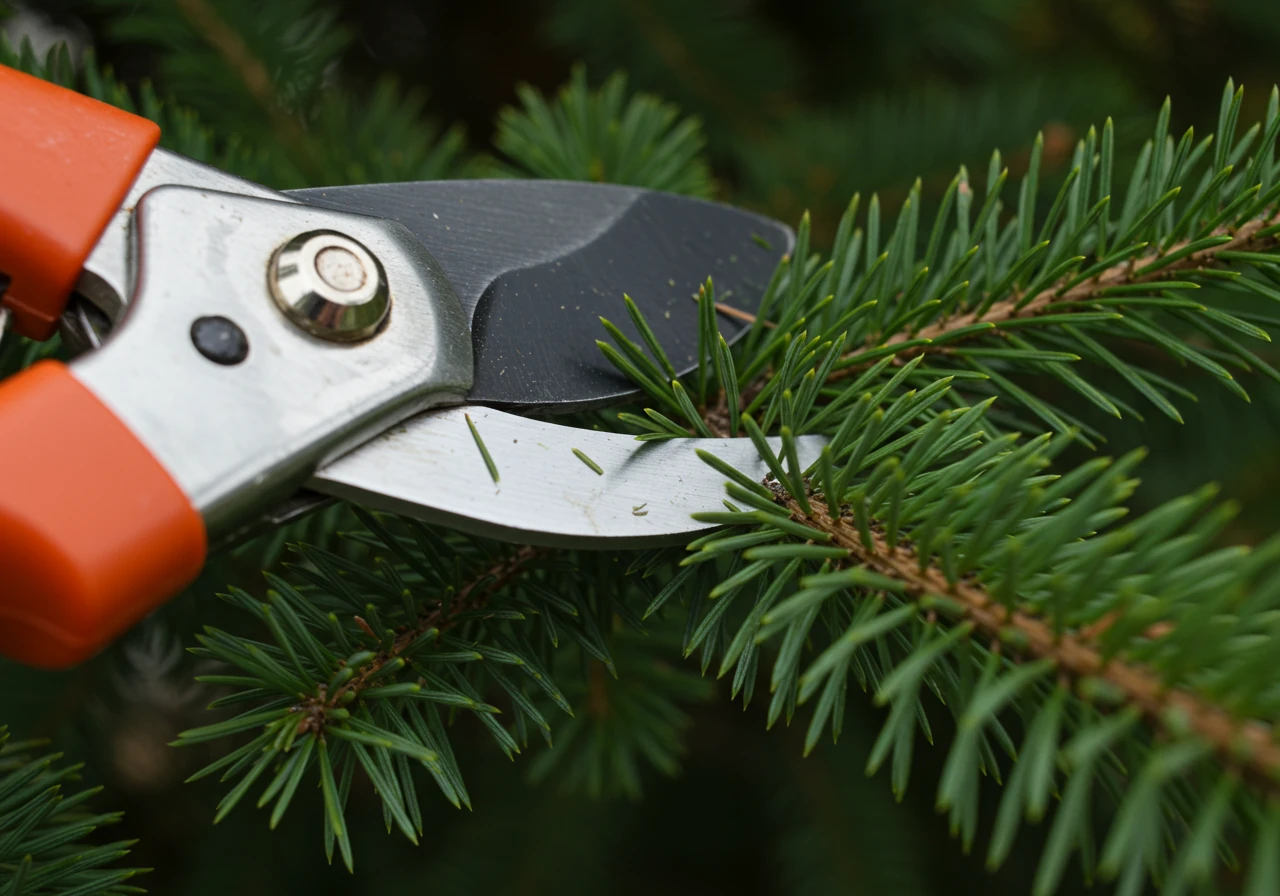 A close-up action shot (without showing hands) focusing on sharp, clean bypass pruners actively making a precise cut on a small branch or twig at the edge of a developing 'cloud' pad on a pine tree. The focus should be tight on the tool's blades and the point of the cut, emphasizing the care and precision involved in shaping the foliage pads as described in Step 3. A few snipped green needles could be subtly visible nearby.