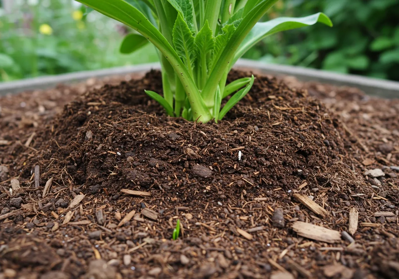 A close-up photograph demonstrating the soil care step for recovery. The image should show the base of a perennial plant (perhaps with some visible healthy new growth low down) surrounded by beneficial soil amendments. Clearly visible should be a layer of dark, rich compost applied around the plant's base (not touching the stem), partially covered by a protective layer of natural wood chip or shredded bark mulch. The focus should be on the textures and layers of the soil, compost, and mulch, suggesting moisture retention and care. Natural daylight.