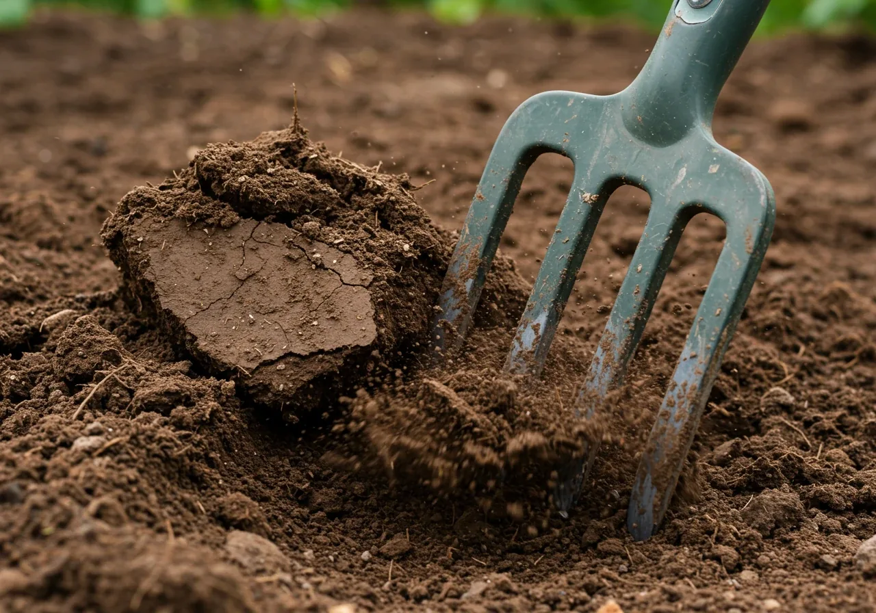 A focused action shot (without people) demonstrating the effectiveness of an ergonomic digging fork breaking up a clump of heavy clay soil. The image should show the tines penetrating the soil and loosening its structure, visually representing the tool's advantage in compacted earth.