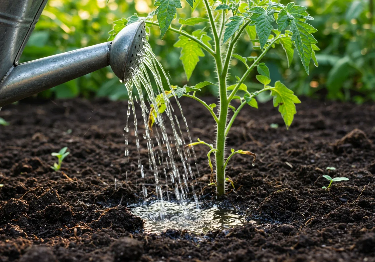 A close-up image focusing on the base of a healthy tomato plant where water from a watering can spout is gently soaking the dark, rich soil. The focus is on watering the soil, not the leaves, illustrating the 'Water Wisely' technique.