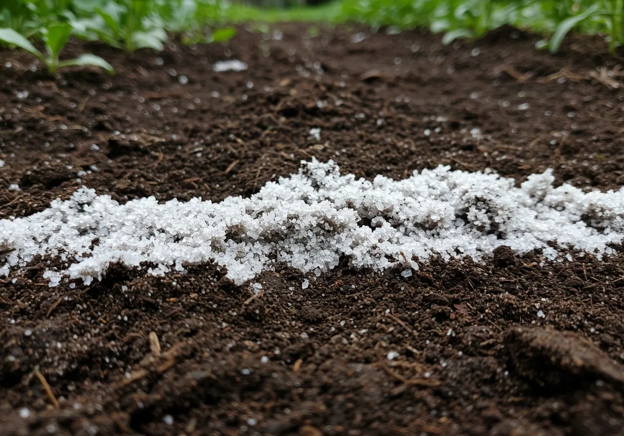 A detailed close-up view of the soil surface in a garden bed showing a visible white, crusty residue or crystalline layer, indicating fertilizer salt buildup. The focus should be sharp on the texture of the crust against the darker soil. A small portion of a plant base might be visible nearby but slightly out of focus.