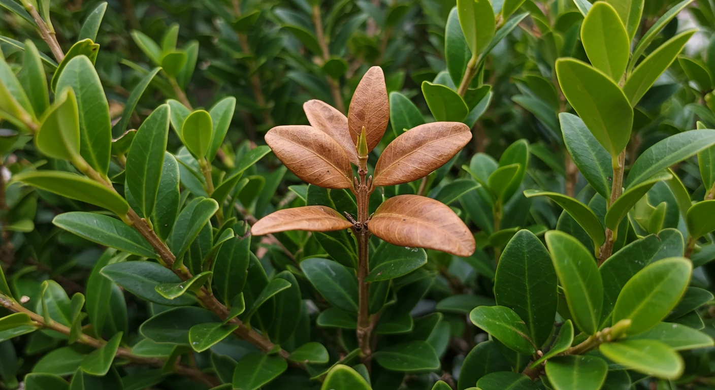 A clear, focused photograph of a section of a boxwood hedge or shrub showing distinct patches of browning leaves amidst the healthy green foliage. The image should highlight the contrast and visually represent the problem described in the introduction.