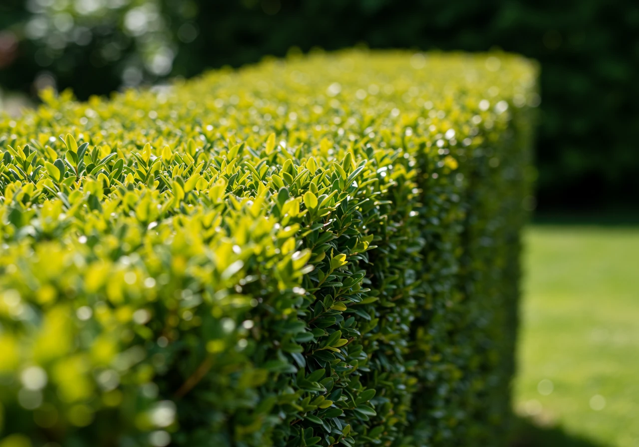 A profile close-up shot demonstrating the subtle 'tapering' technique on a section of a formal hedge. The image should clearly show that the base of the hedge is slightly wider than the top, allowing sunlight to reach the lower branches. Focus on the hedge section itself, minimizing background distraction.