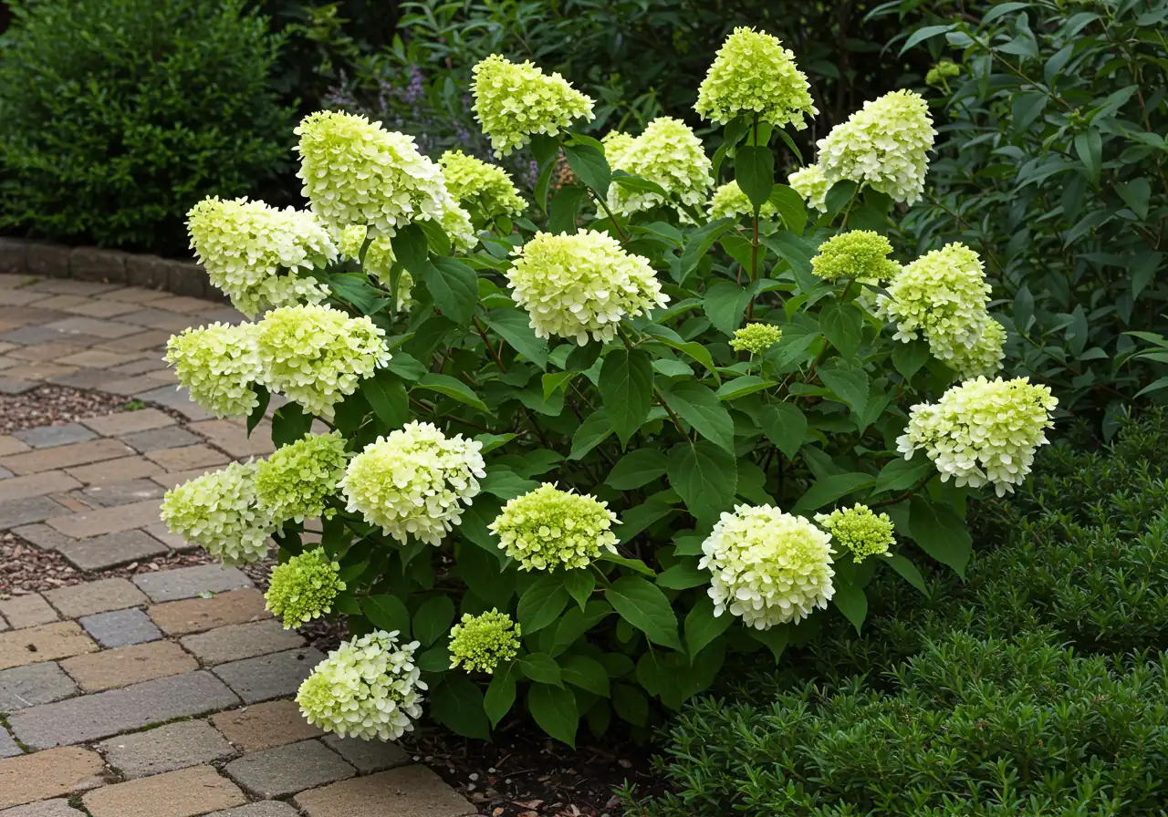 A close-up shot focusing on a healthy, compact dwarf shrub (like a Dwarf Lilac 'Miss Kim' or Hydrangea 'Little Lime') thriving in a relatively small garden space, perhaps near a house foundation or walkway edge. The shrub should look proportionate to its surroundings, illustrating the benefit of choosing smaller cultivars.