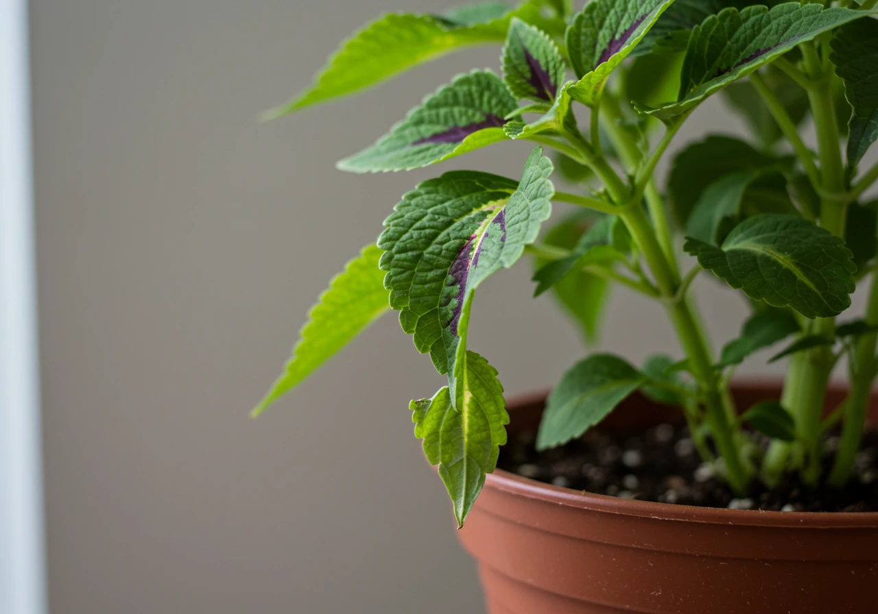 A close-up photograph of a leafy plant (e.g., Impatiens or Coleus) showing the 'pre-wilt sag'. The plant is not fully collapsed, but the upper leaves and newer stems are noticeably less firm and slightly drooping compared to how they would look when fully hydrated. The overall posture of the plant should convey a subtle lack of turgidity and perkiness, especially at the growth tips.