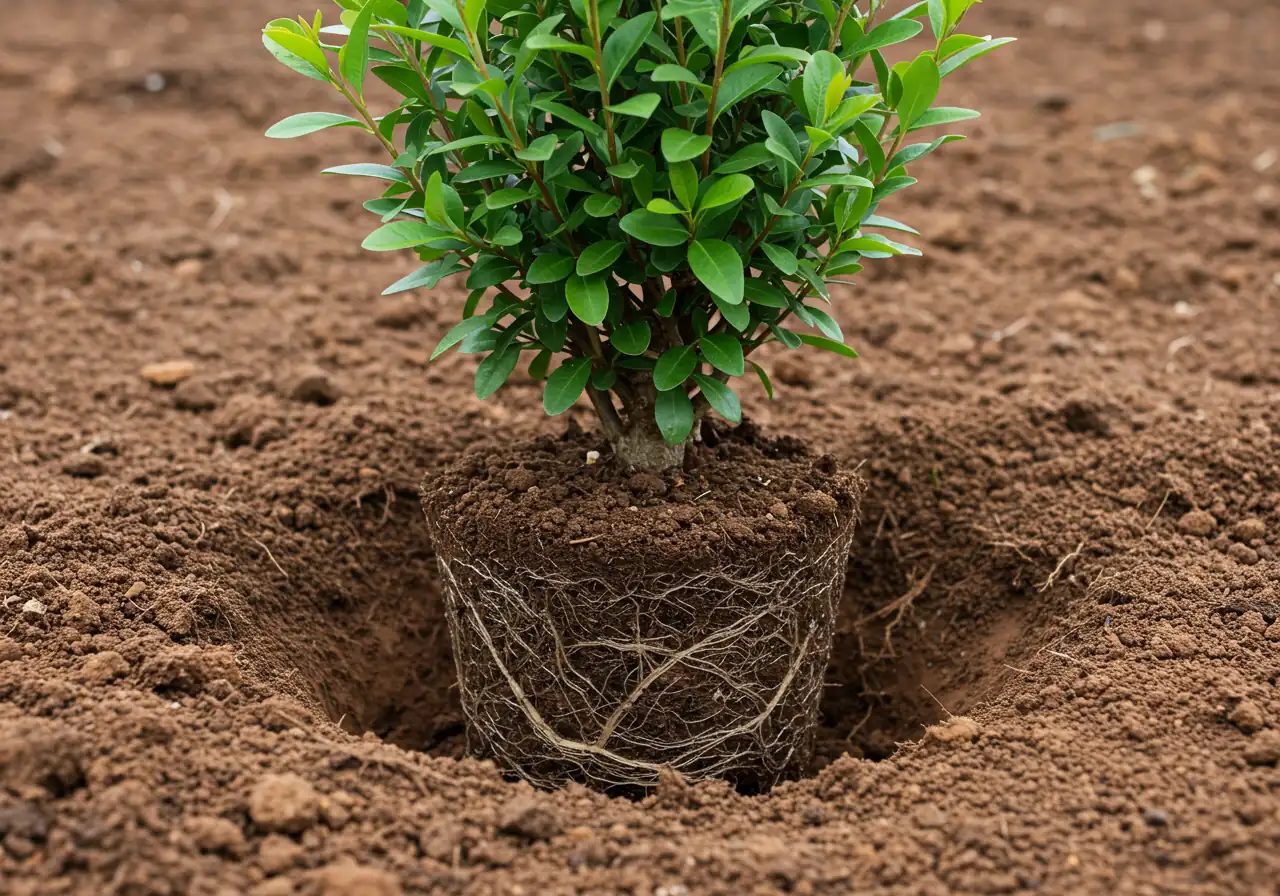 A close-up, side-view photograph demonstrating the correct planting depth and hole width for a small shrub in prepared clay soil. The image clearly shows the base of the shrub's stem and the top of its root ball sitting slightly elevated above the surrounding garden bed level. The planting hole is visibly wider than the root ball, filled with a mix of amended soil.