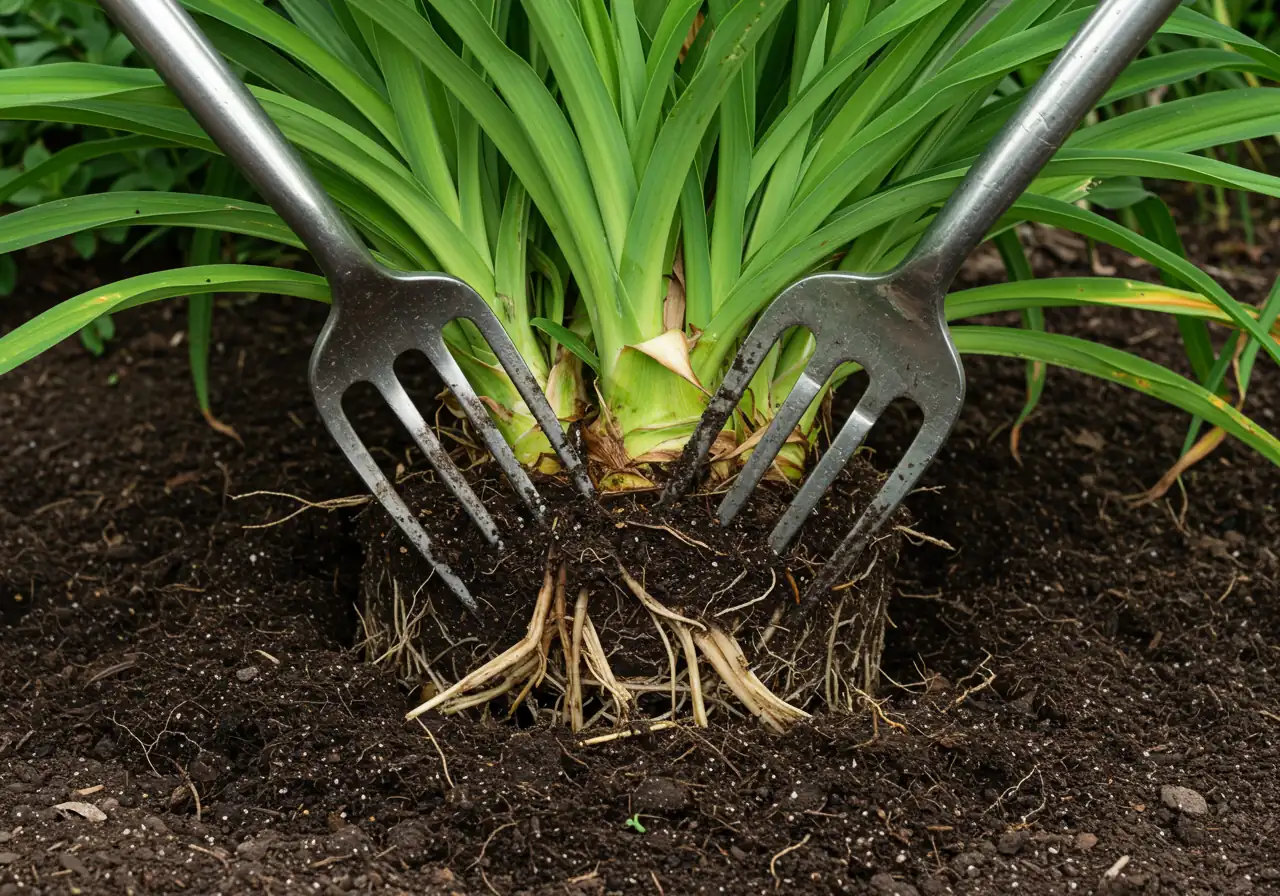 Close-up action shot focusing on the division technique using two garden forks. Show a large, lifted daylily clump resting on a tarp or soil, with the tines of two garden forks inserted back-to-back into the center of the crown, poised as if about to pry the clump apart. No hands visible.