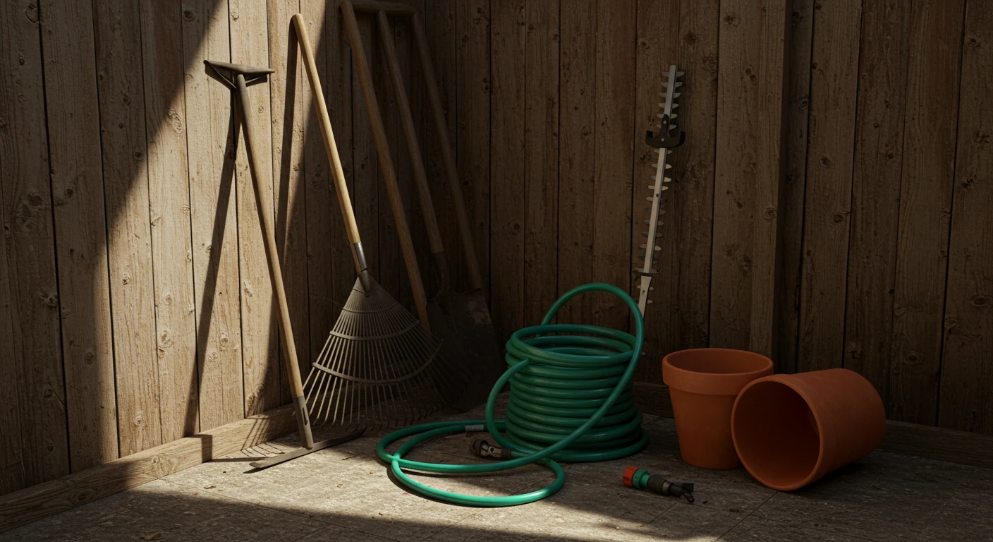 A realistic photograph depicting the 'problem': a cluttered corner of a garden shed or garage. Tools like a rake, spade, and hedge trimmers are leaning untidily against a wall, perhaps slightly overlapping. A tangled green garden hose lies coiled haphazardly on the floor nearby, maybe next to a tipped-over plastic pot or a half-empty bag of soil, visually representing the 'tool tangle' and hazardous obstacle course mentioned.