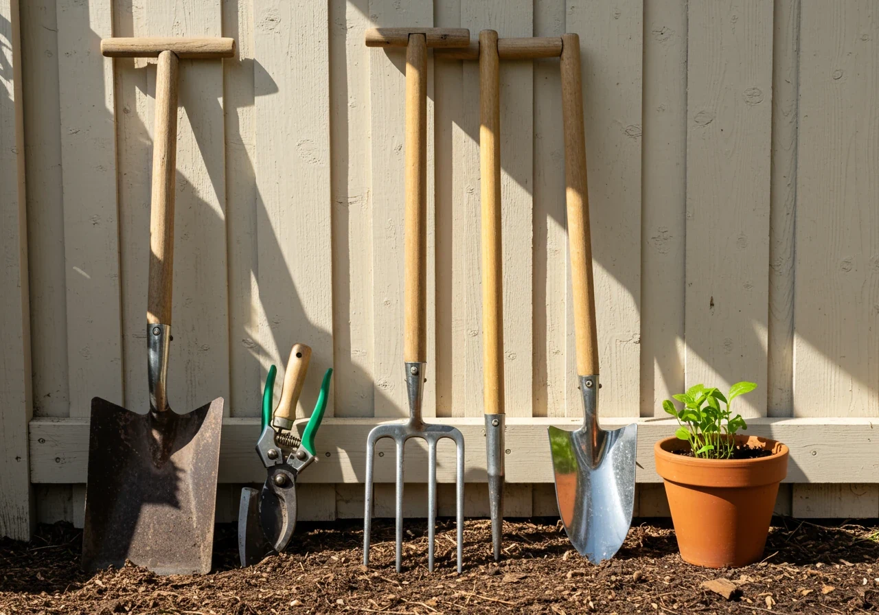 An inviting and optimistic image showing a collection of freshly cleaned and maintained garden hand tools (spade, fork, hand pruners, trowel) leaning neatly against a clean, brightly painted garden shed wall or fence panel. The metal parts should be gleaming, and wooden handles look well-oiled. Perhaps include a small, healthy potted plant (like a pansy or a vegetable start) sitting near the base of the tools, suggesting the start of the growing season.