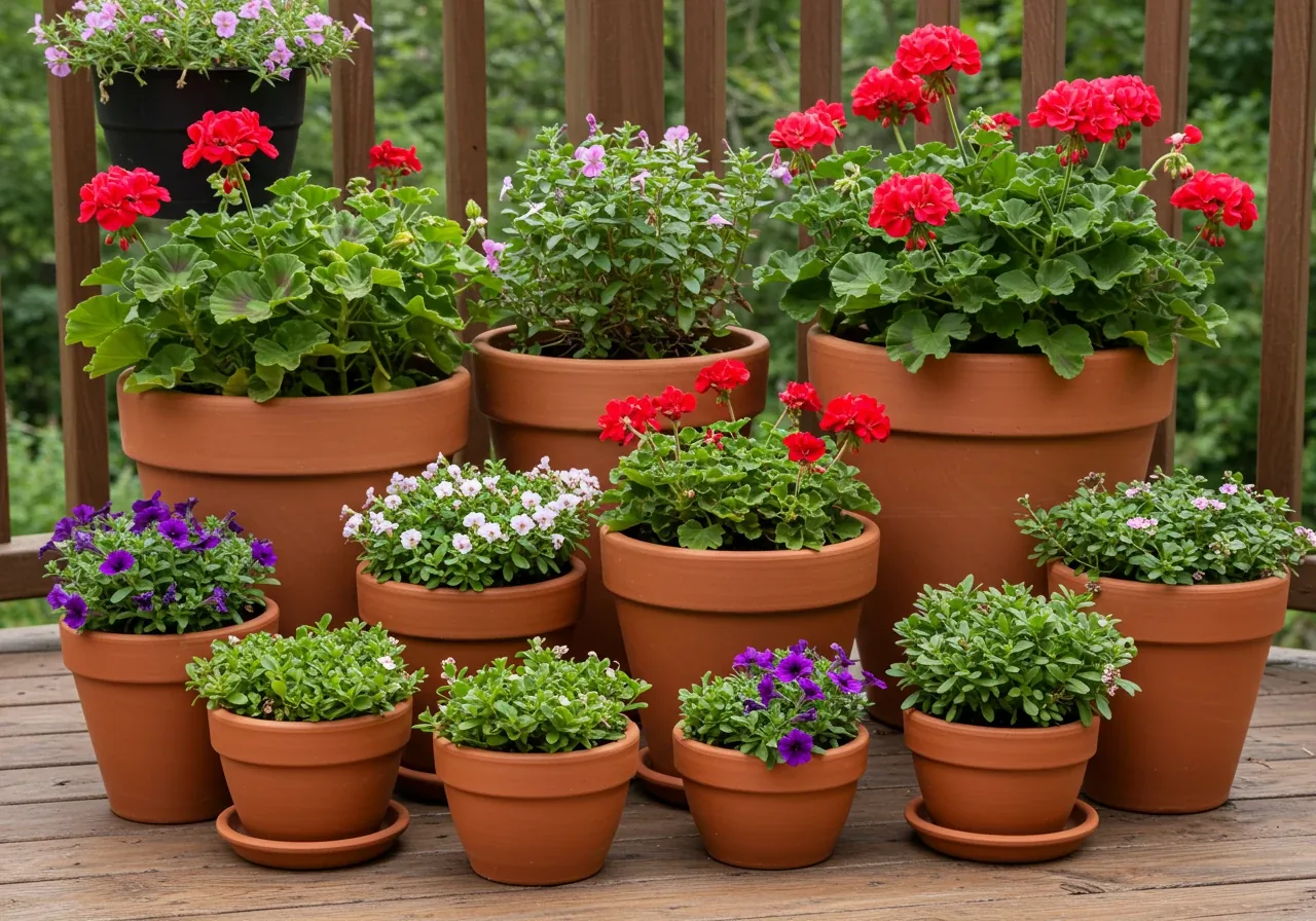 An attractive arrangement of various terracotta and ceramic pots and planters on a patio or deck, filled with a mix of vibrant flowering annuals, perennials (perhaps including contained mint), and small shrubs. This image illustrates container gardening as an effective size control strategy.