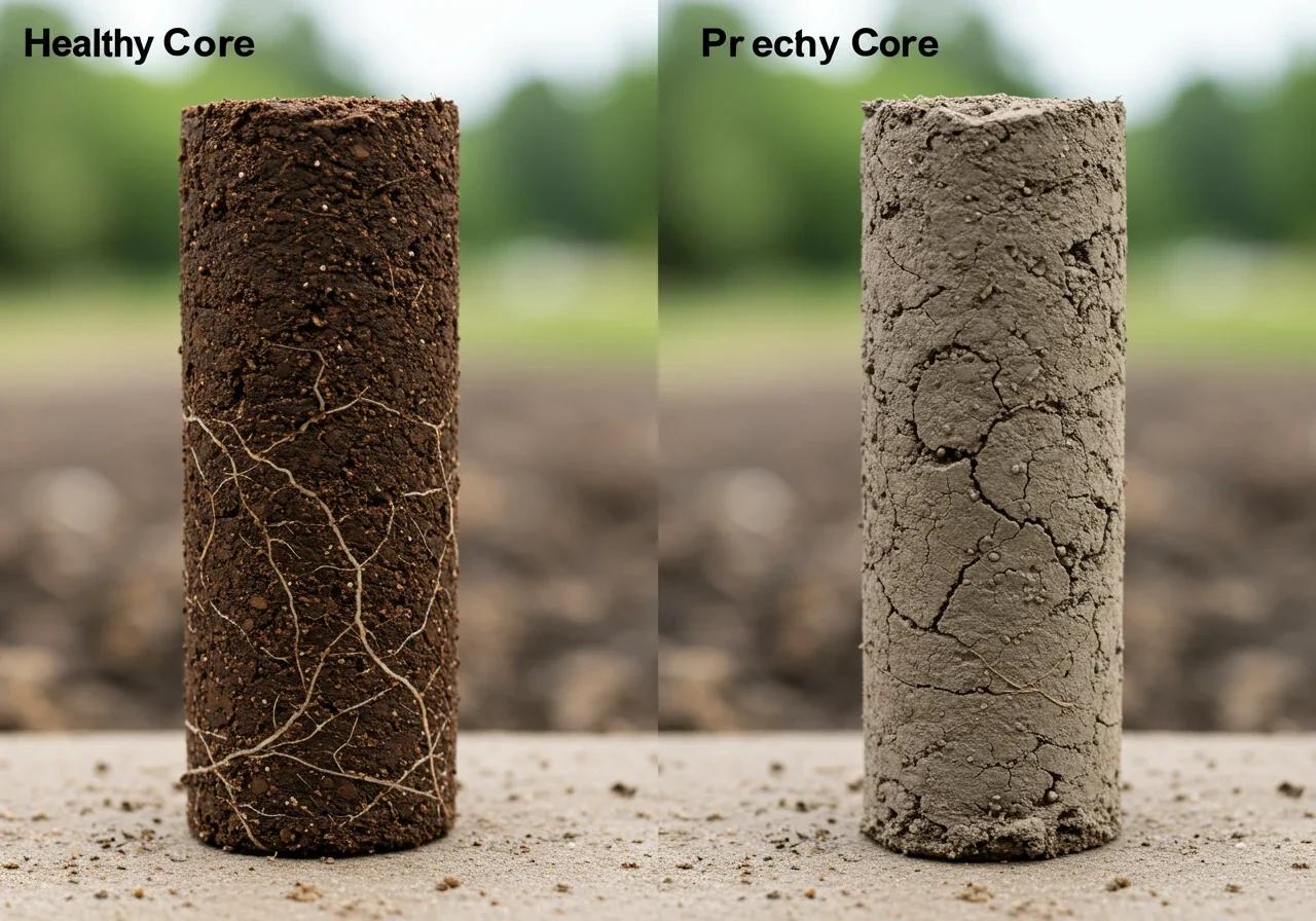 A comparison photograph showing two distinct soil core samples presented vertically, side-by-side against a neutral backdrop. The left core represents healthy soil: it is dark brown, appears moist and crumbly, and has numerous fine white roots visible throughout its length. The right core represents problematic soil: it is lighter greyish-brown, looks dense and compacted (perhaps with visible hard layers), appears dry, and shows very few or no visible roots. The contrast should starkly illustrate the difference between healthy and unhealthy soil structure and moisture.