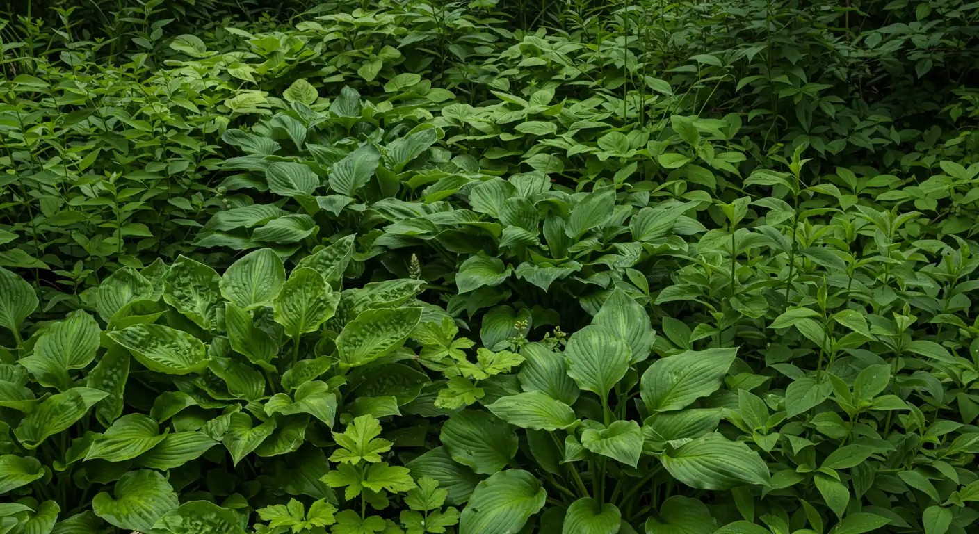 An image depicting a common mistake: a garden bed where various perennials (like hostas, daylilies, or ferns) are planted far too close together. The plants should look cramped, with leaves overlapping excessively, suggesting future competition for resources and poor air circulation. Some plants might look slightly less vigorous than others due to the crowding.