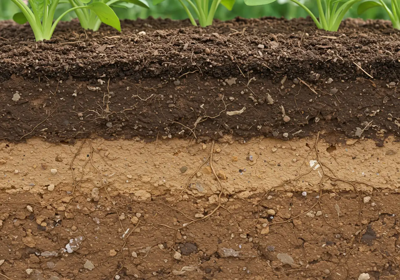 A close-up, cross-section view of garden soil clearly showing the contrast between dense, light-brown clay soil at the bottom layer and dark, crumbly, amended soil rich with organic matter (compost mixed in) on the top layer. Healthy plant roots should be visible growing easily through the amended topsoil but struggling in the clay below. This visually explains the benefit of soil amendment.