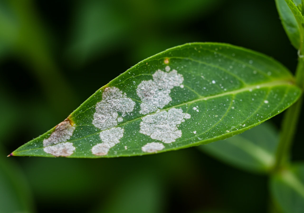 A close-up photograph highlighting a common garden problem mentioned, such as powdery mildew. Show a plant leaf (like phlox or monarda) covered in the distinct white, powdery spots characteristic of the fungal disease. The background should be softly blurred garden foliage.