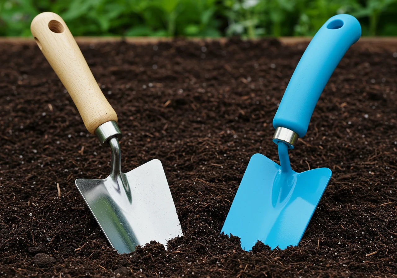 A clear visual comparison showing a traditional, straight-handled metal trowel placed next to a modern ergonomic trowel. The ergonomic trowel features a distinctively curved, brightly coloured, cushioned handle. Both tools rest side-by-side on a patch of dark, rich garden soil, highlighting the design differences and illustrating the core concept of ergonomic improvement for hand tools.
