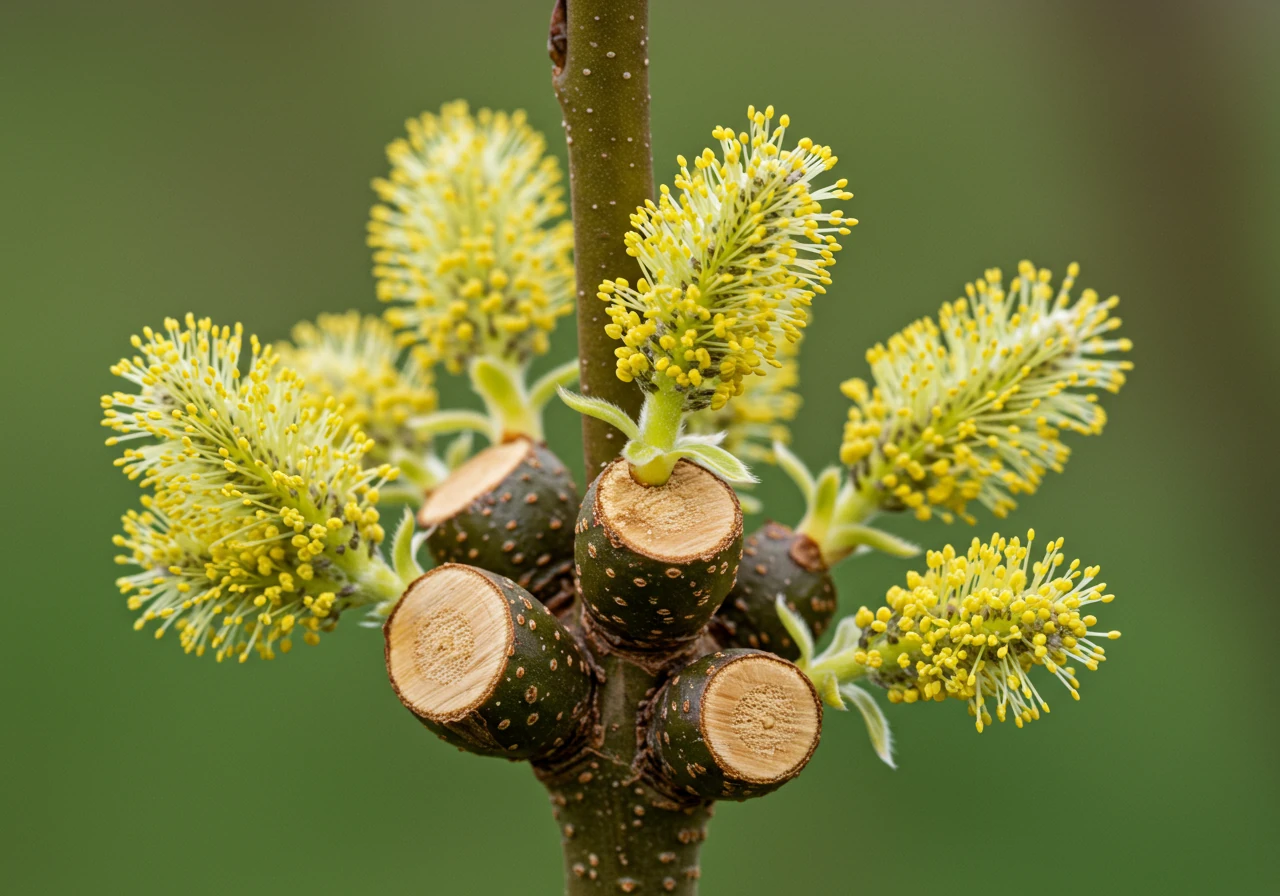 A close-up, detailed photograph of a healthy pollard head on a suitable tree species like a Willow (Salix) in early spring. The image should clearly show the characteristic swollen callous tissue ('knuckle') and the dense emergence of new, vigorous, colourful shoots/buds.
