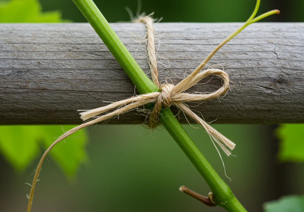 A close-up demonstrating a proper vine training tie. It should show a soft, natural garden twine or a fabric strip loosely tied around a young, green vine stem, securing it gently to a wooden trellis bar or wire support. The tie should clearly show space for the stem to grow thicker.