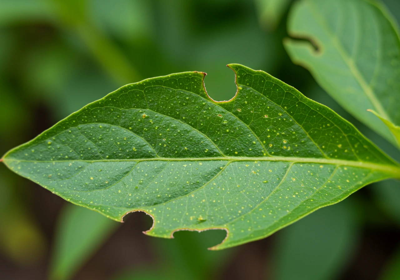 A close-up, detailed photograph focusing on the underside of a plant leaf (e.g., a rose or bean leaf) showing subtle, early signs of pest damage like a few small chew holes or slight discoloration, illustrating the importance of careful inspection during scouting.