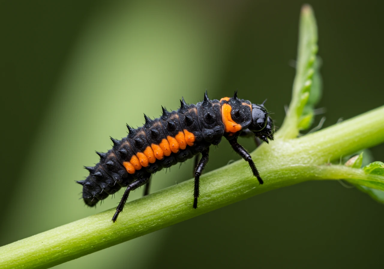 A close-up image focusing on a ladybug larva on a plant stem. The larva should resemble a miniature alligator, dark in color with possible orange or yellow markings, emphasizing its segmented body and distinct appearance compared to the adult beetle. The image should clearly show the larva's form and texture against the backdrop of a green stem or leaf, illustrating this crucial, highly predatory stage.