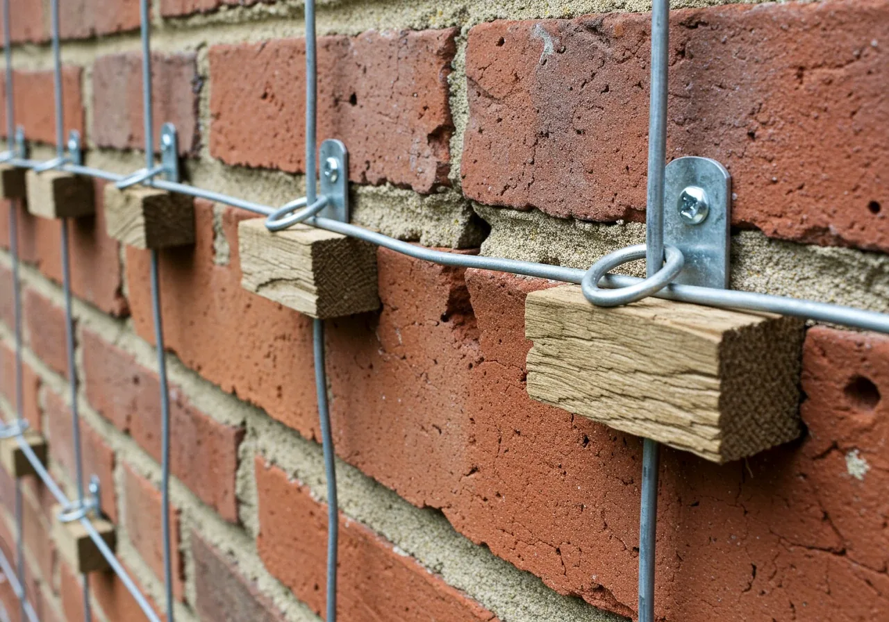 A close-up photograph focusing specifically on a well-installed wall-mounted espalier support system. Show the horizontal wires held away from the wall surface by vine eyes and spacers, emphasizing the importance of air circulation and sturdy construction.