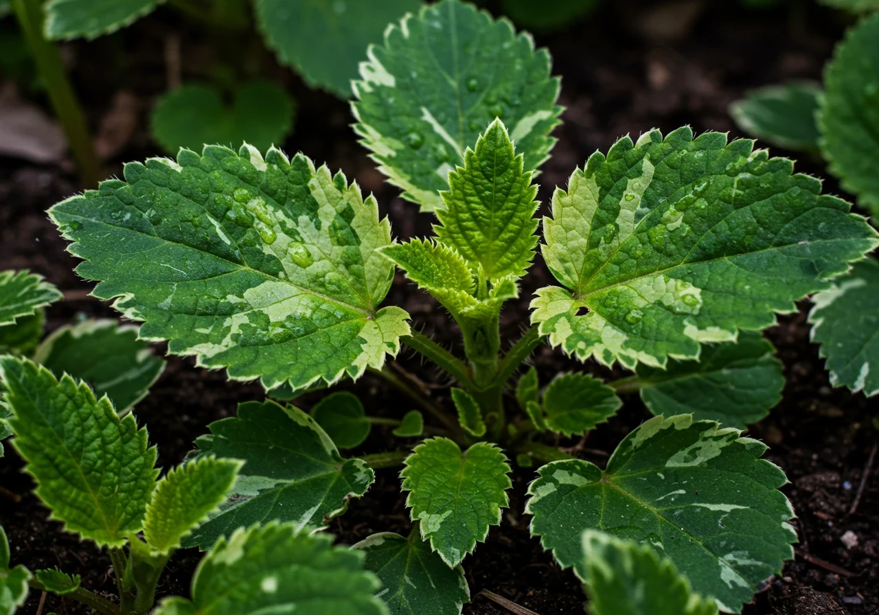 A clear, detailed close-up photograph showcasing the distinctive leaves of variegated goutweed. The image should highlight the green and white patterned leaves with their serrated edges, helping users visually identify the plant.