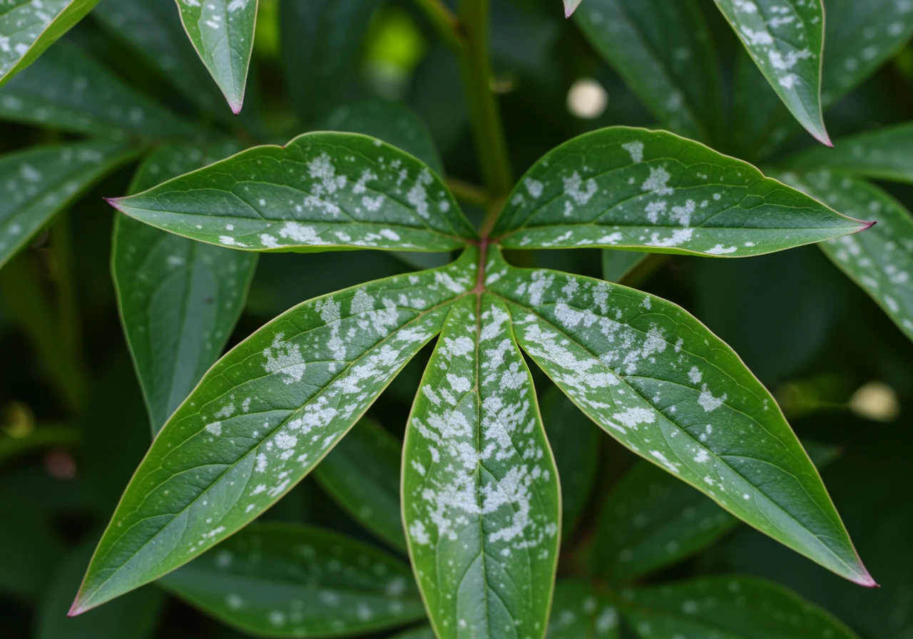 A detailed close-up image clearly showing the characteristic white, powdery coating of powdery mildew fungus on the surface of a green peony leaf. The leaf should still appear primarily green but distinctly affected by the white patches. Sunlight should highlight the powdery texture for clear identification.